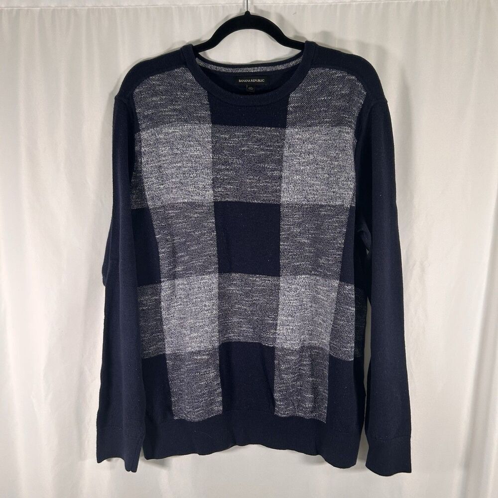 Banana Republic Linen Wool Sweater Men's XL Blue Plaid Long Sleeve Crew Pullover
